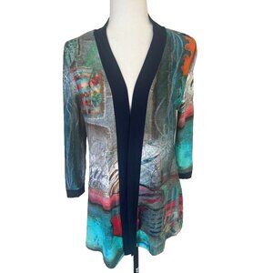 DOLCEZZA Art to Wear Cardigan Size Medium Colorful Artsy 3/4 Sleeves Stretchy
